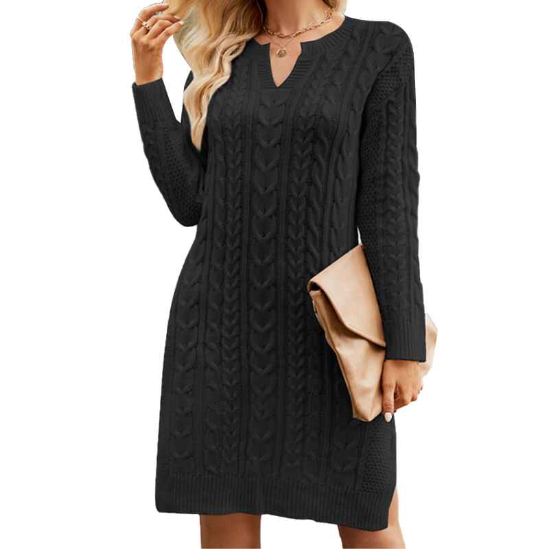 Black Sweater Dress - V Neck Sweater Dress - Black Chunky Knit Dress