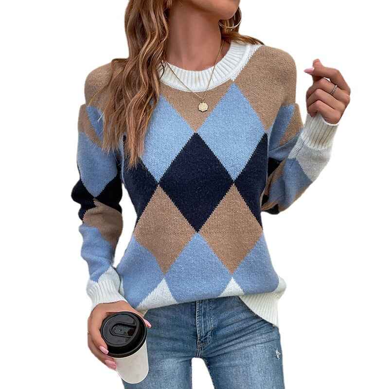 Argyle Pattern Round Neck Sweater