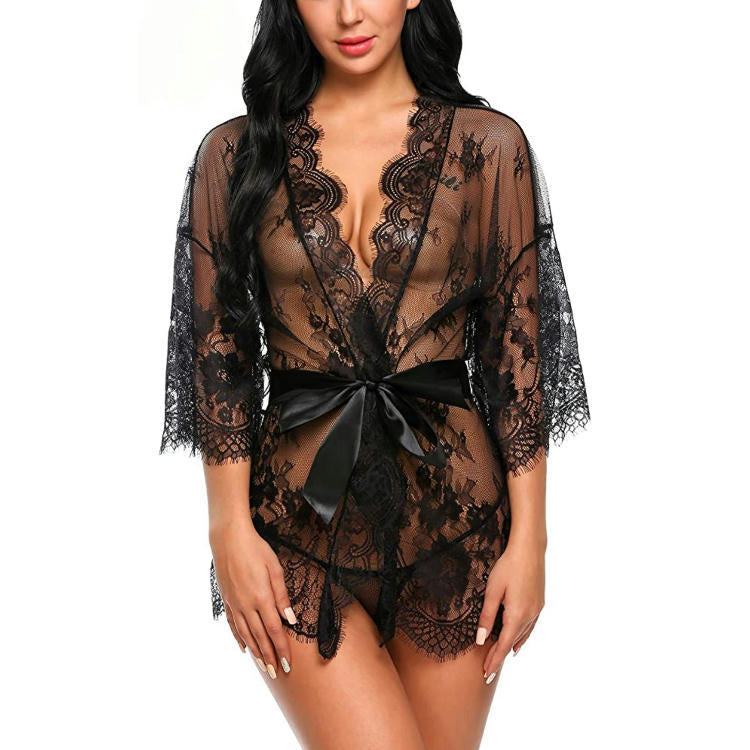 Women's Lace Kimono Robe Babydoll Lingerie Mesh Nightgown