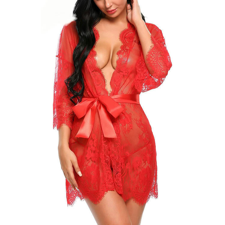 Women's Lace Kimono Robe Babydoll Lingerie Mesh Nightgown