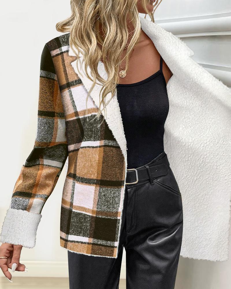 Plaid Pattern Lapel Long Sleeve Blazer Button Front Fleece Lined Coat