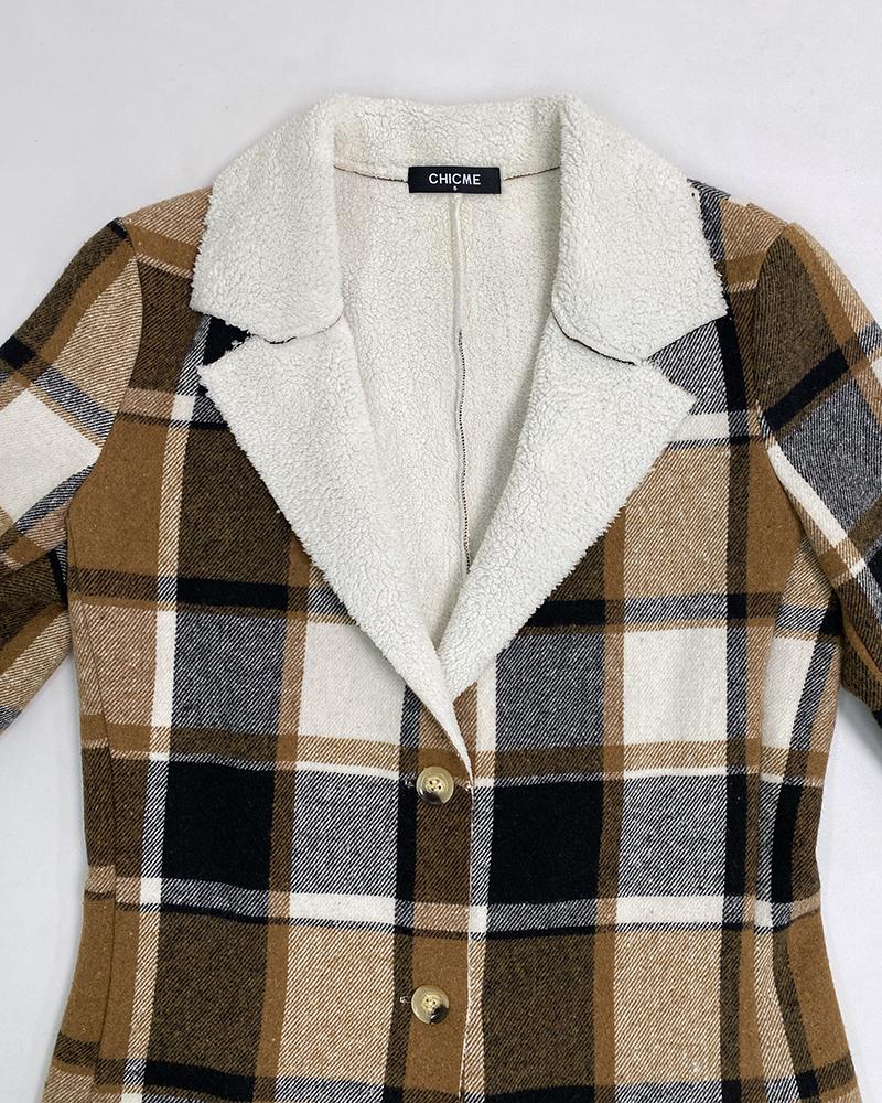 Plaid Pattern Lapel Long Sleeve Blazer Button Front Fleece Lined Coat