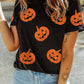 Black Glittering Pumpkin Face Graphic Crewneck Halloween T Shirt