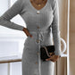 V Neck Long Sleeve Button Decor Drawstring Waist Knit Sweater Dress