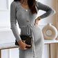 V Neck Long Sleeve Button Decor Drawstring Waist Knit Sweater Dress