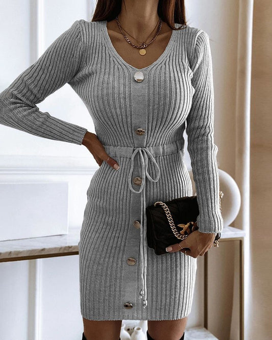 V Neck Long Sleeve Button Decor Drawstring Waist Knit Sweater Dress