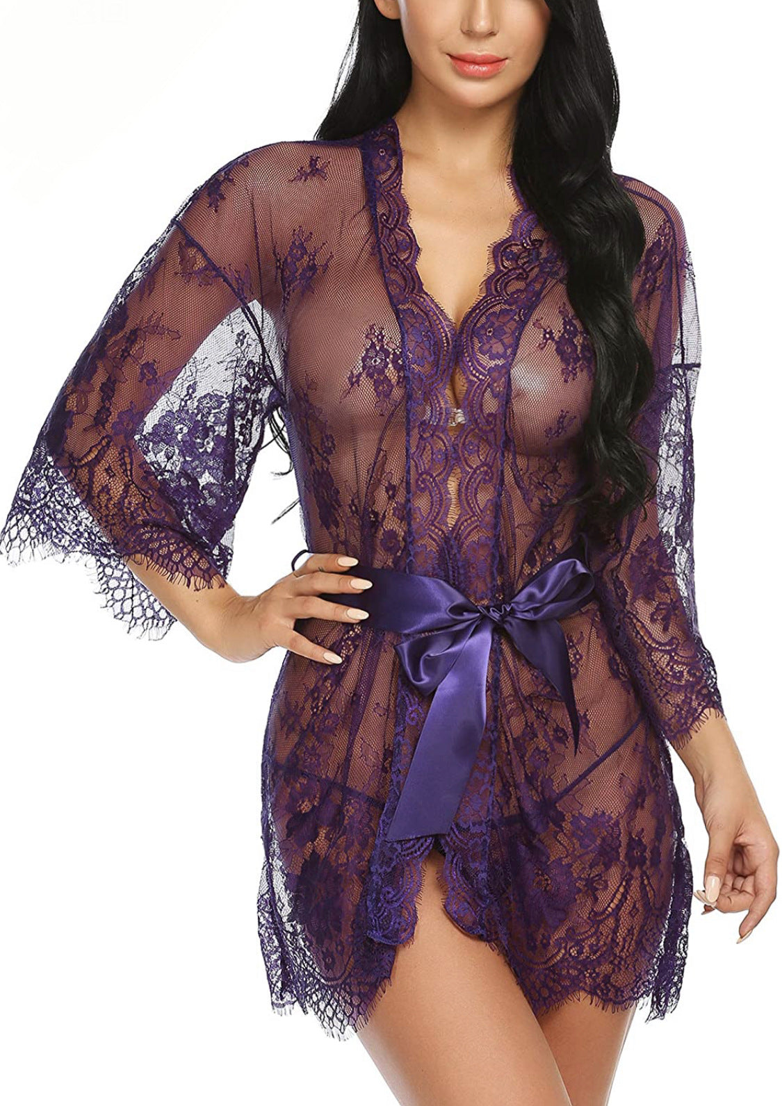 Women's Lace Kimono Robe Babydoll Lingerie Mesh Nightgown