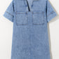 Beau Blue Short Sleeve Collared Patched Pocket Denim Mini Dress