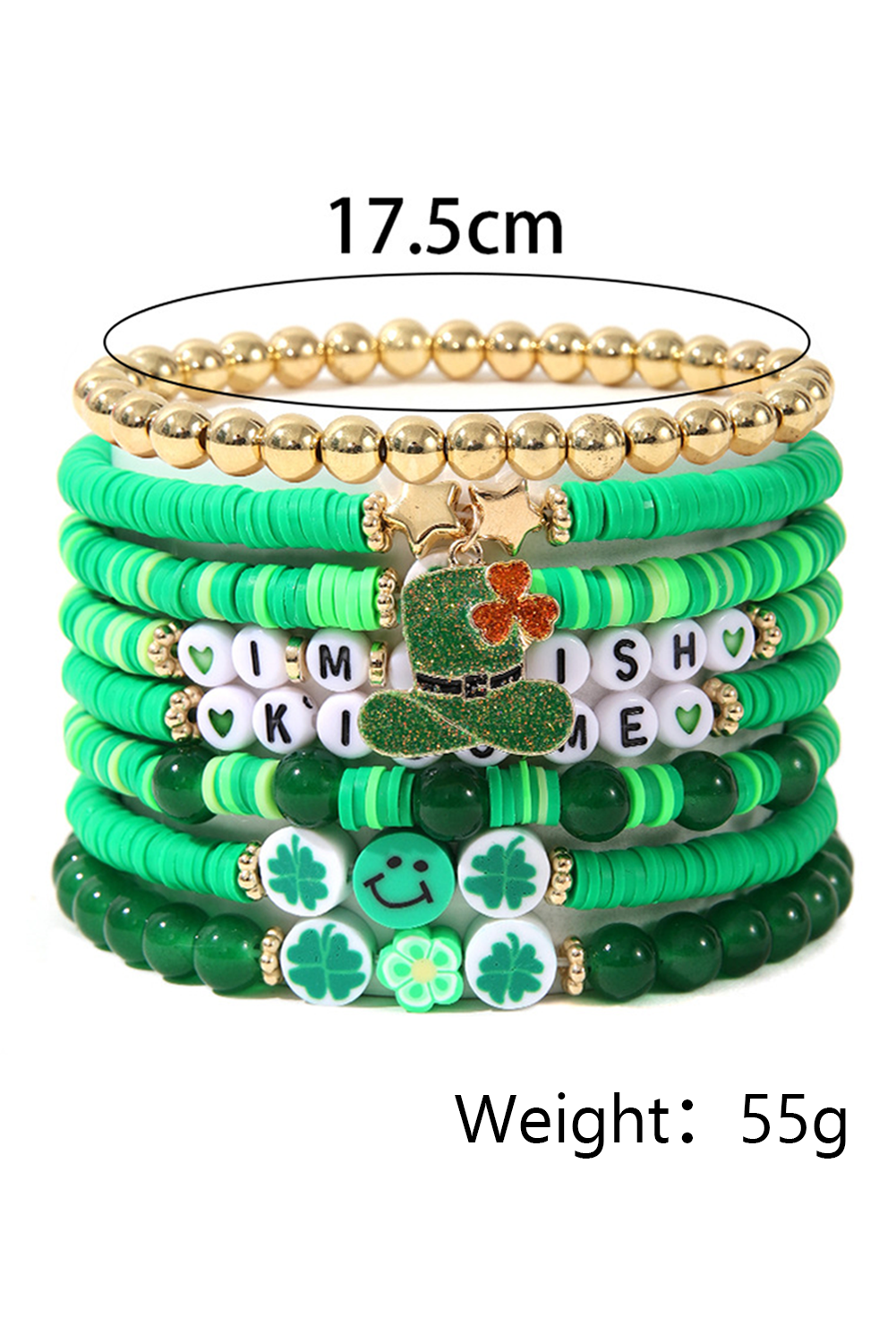 Green St Patricks Shamrock Letter Beaded Multi Layer Bracelet Set