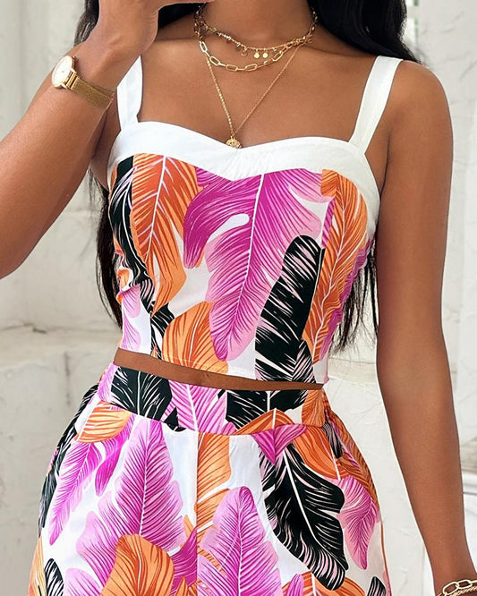 Tropical Leaf Print Crop Top & Wide Leg Pants Set