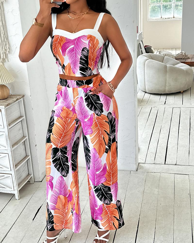 Tropical Leaf Print Crop Top & Wide Leg Pants Set