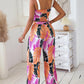 Tropical Leaf Print Crop Top & Wide Leg Pants Set