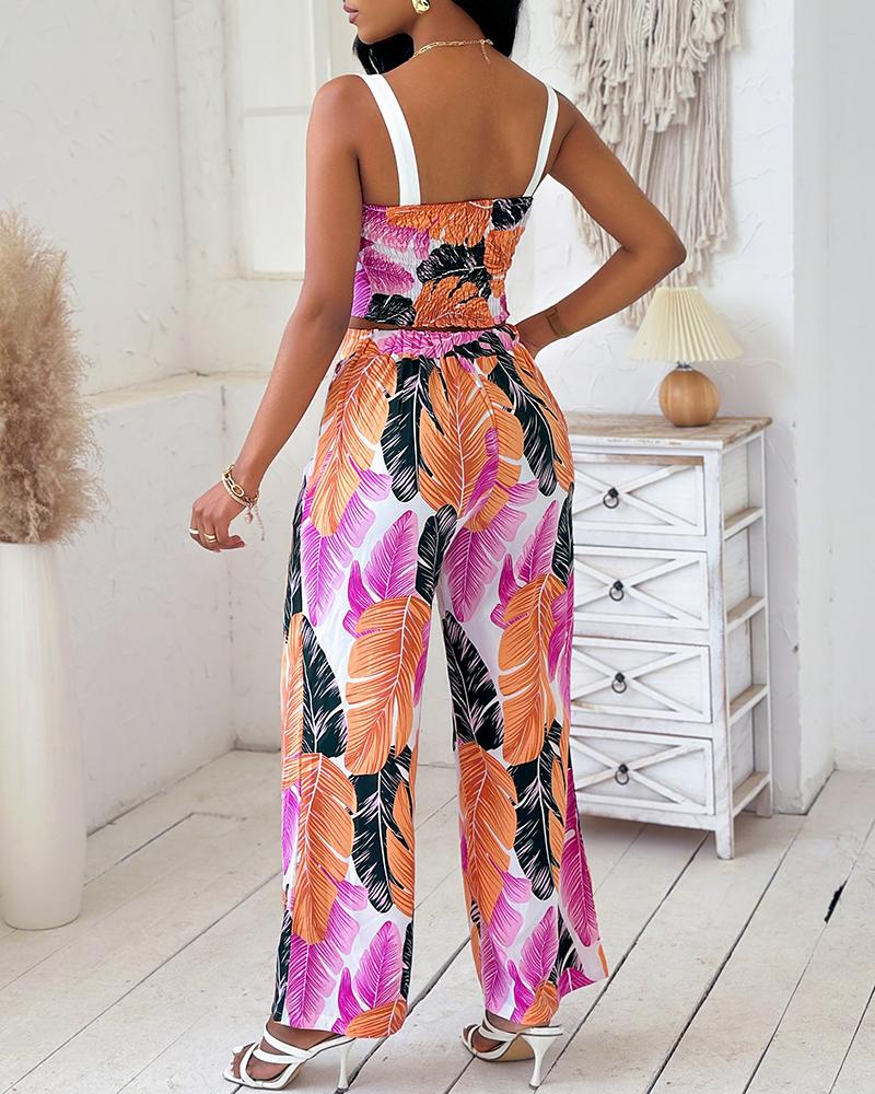 Tropical Leaf Print Crop Top & Wide Leg Pants Set