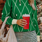 Dark Green Diamond Pattern Pom Accents Contrast Trim High Neck Sweater