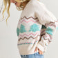 White Striped Christmas Tree Ribbed Trim Drop Shoulder Sweater