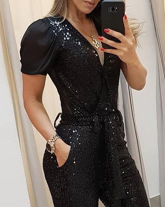 Sequins Plunge Sheer Mesh Sleeve Jumpsuit