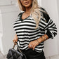 Black Stripe Crochet Hollow-out Back Buttoned Shoulder V Neck Top