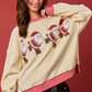 Beige Santa Skiing Graphic Striped Trim Corded Sweatshirt