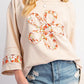 Beige Plus Size Flower Patched Side Slits Crewneck Top