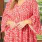 Red Plus Size Floral V Neck Flared Bracelet Sleeve Blouse