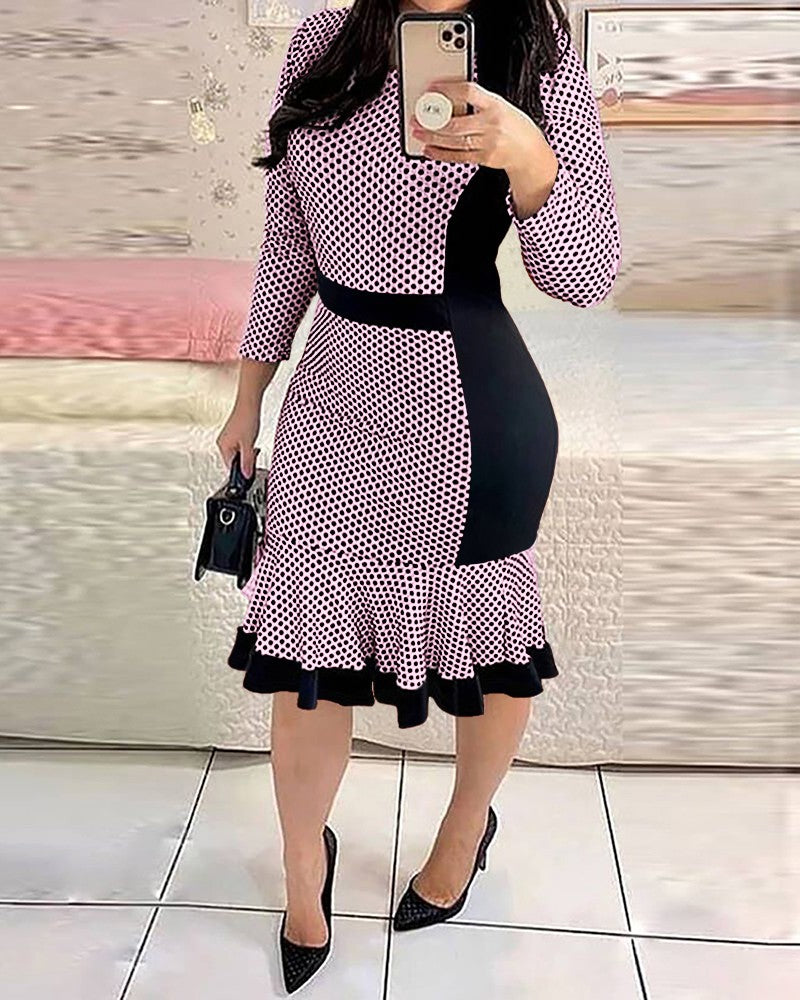 Polka Dot Print Mermaid Hem Work Dress