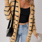 Beige Striped Pom Pom Knit Open Front Long Cardigan