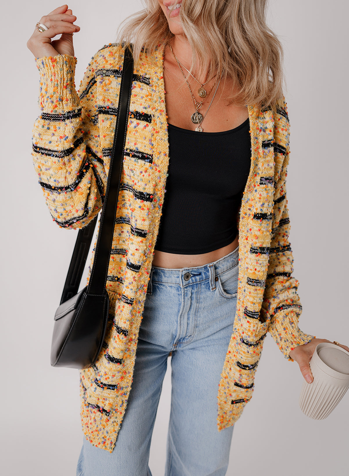 Beige Striped Pom Pom Knit Open Front Long Cardigan