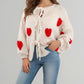 Heart Pattern Long Sleeve Round Neck Tied Detail Cardigan Spring Winter Top