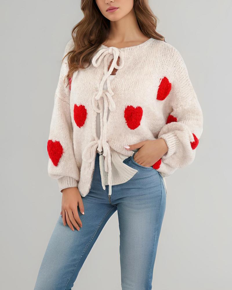 Heart Pattern Long Sleeve Round Neck Tied Detail Cardigan Spring Winter Top