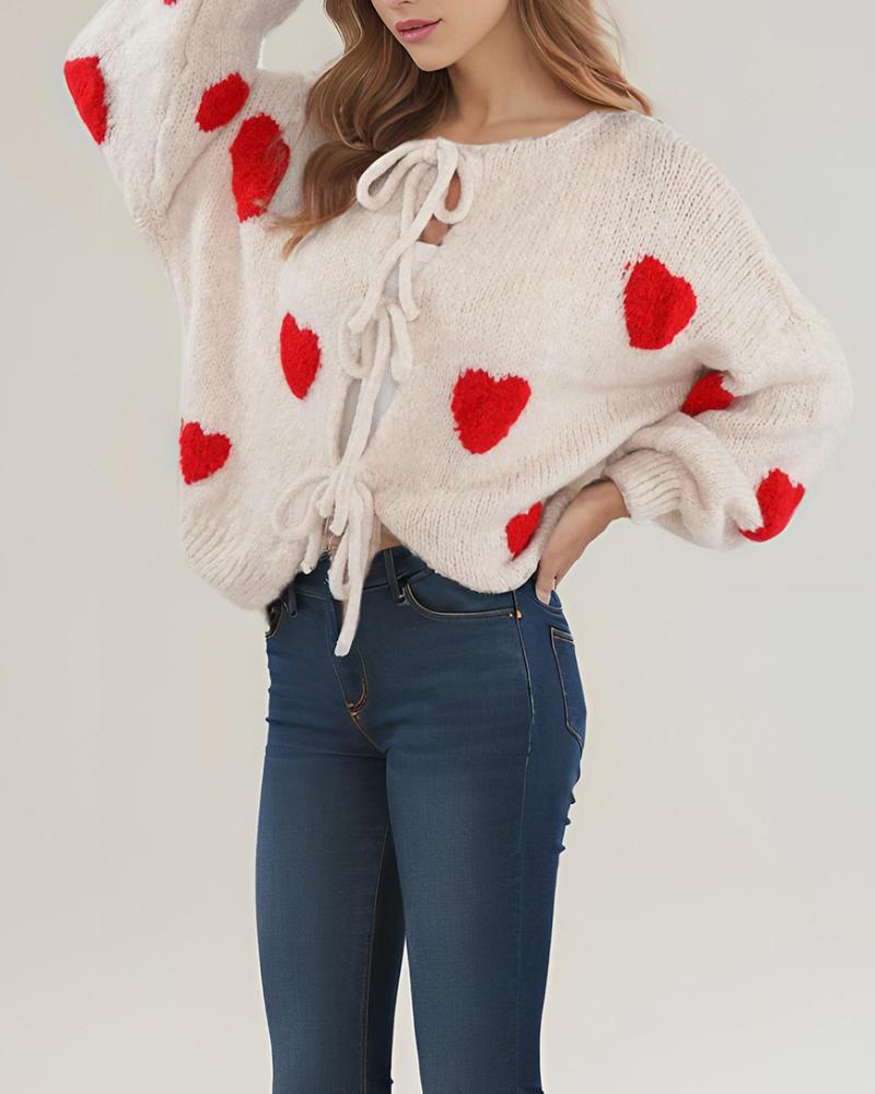 Heart Pattern Long Sleeve Round Neck Tied Detail Cardigan Spring Winter Top