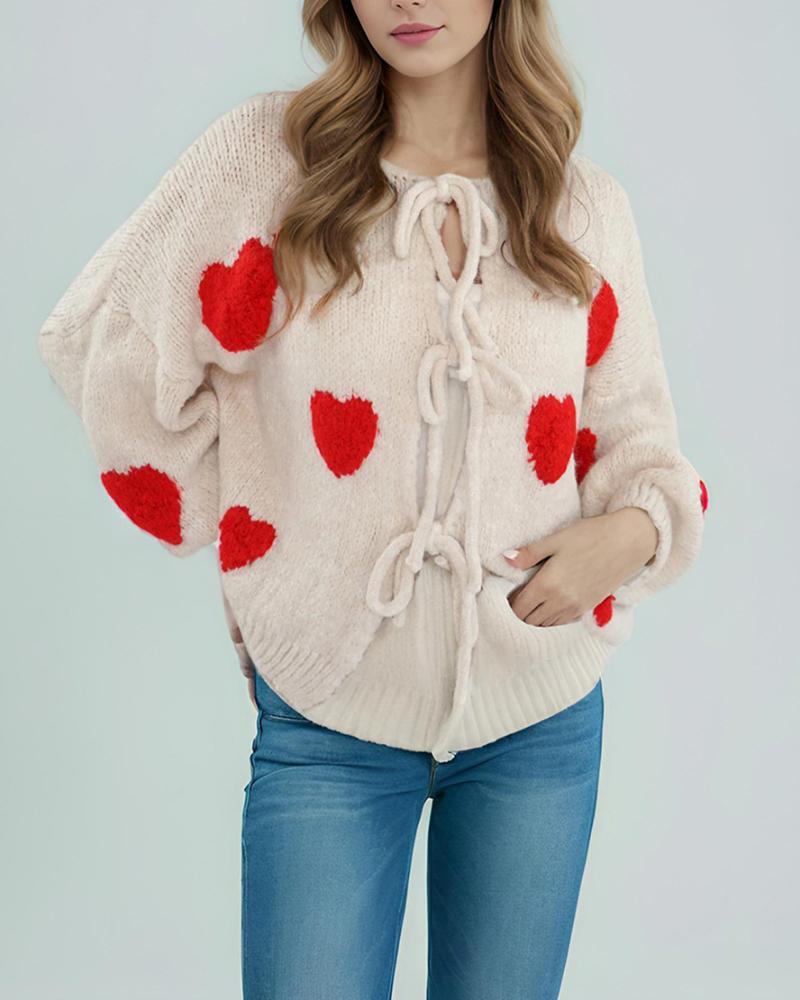 Heart Pattern Long Sleeve Round Neck Tied Detail Cardigan Spring Winter Top