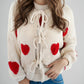 Heart Pattern Long Sleeve Round Neck Tied Detail Cardigan Spring Winter Top