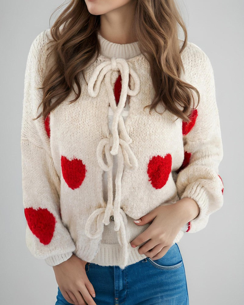 Heart Pattern Long Sleeve Round Neck Tied Detail Cardigan Spring Winter Top