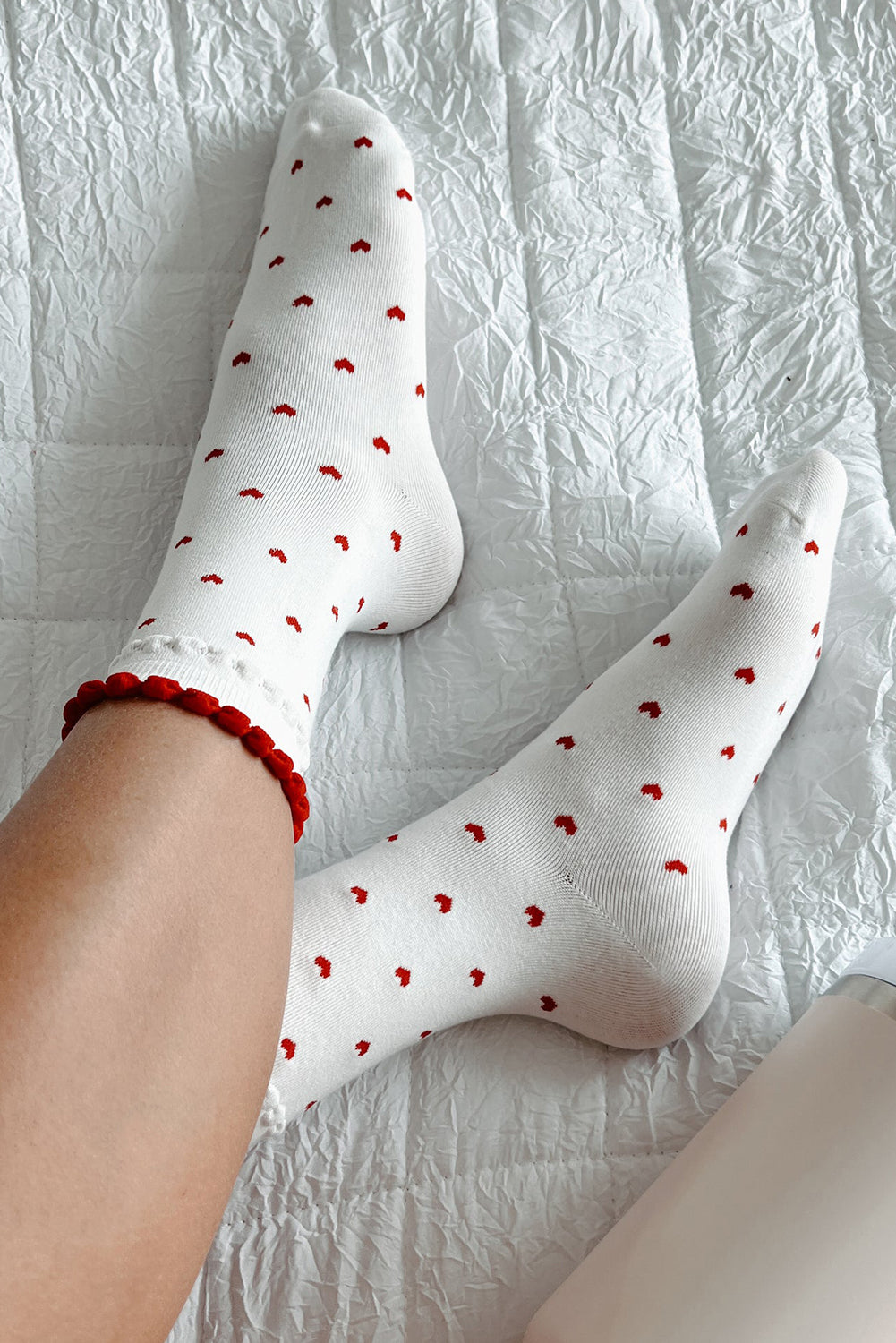 White Ruffled Heart Pattern Cotton Socks