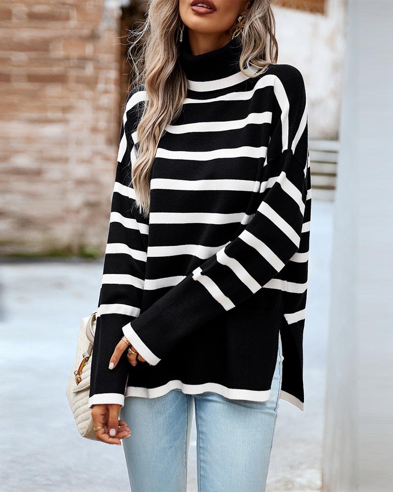 Striped High Neck Side Slit Knit Sweater