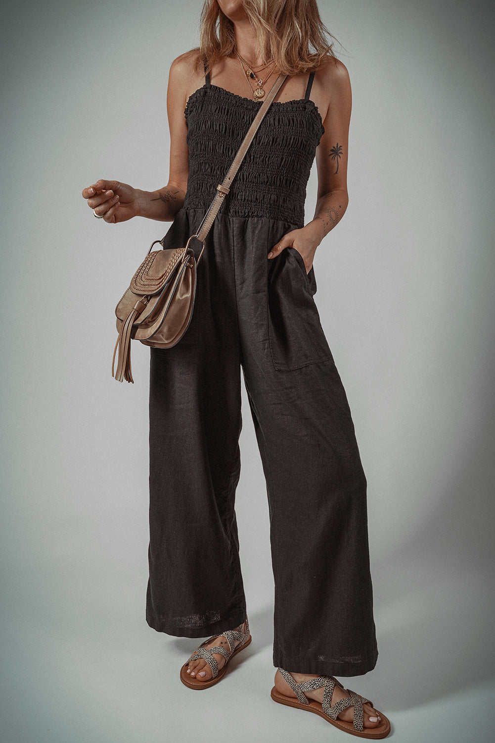 Black Spaghetti Straps Shirred Bodice Pocketed Wide Leg Jumpsuit