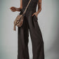 Black Spaghetti Straps Shirred Bodice Pocketed Wide Leg Jumpsuit