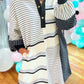 Black Stripe Colorblock Knit Henley Collar Shift Long Sleeve Mini Dress