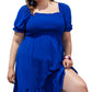 Dark Blue Shirred Ruffled Square Neck Plus Size Mini Dress