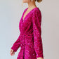 Pitaya Pink Velvet Sequin Long Sleeve V Neck Wrapped Mini Dress