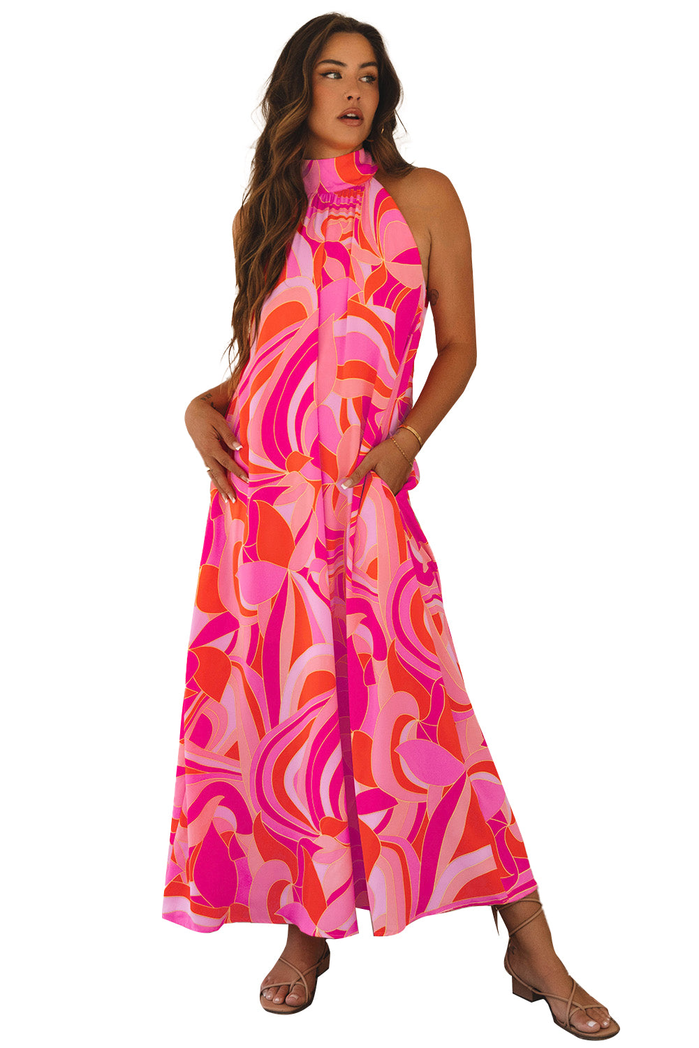 Rose Abstract Printed High Neck Knotted Nape Sleeveless Maxi Dress