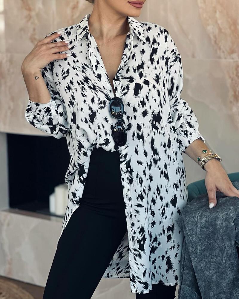 Leopard All Over Print Button Front Longline Shirt Top