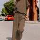 Brown Textured Loose Fit T Shirt and Drawstring Pants Set