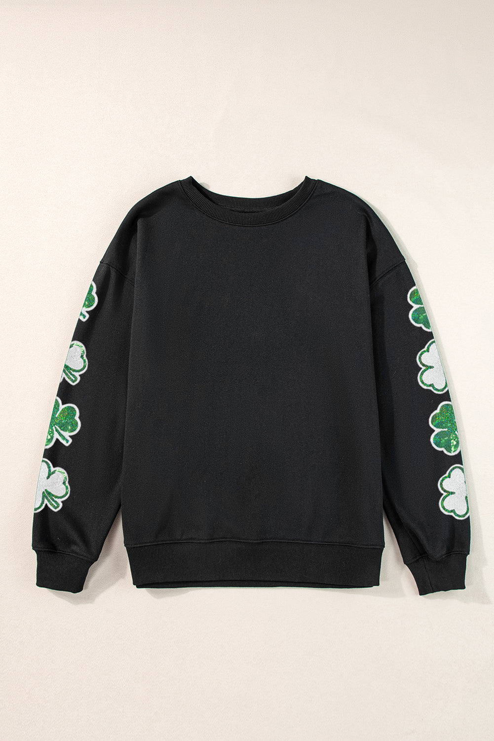 Black Sequin Clover Patched Drop Shoulder Sweatshirt