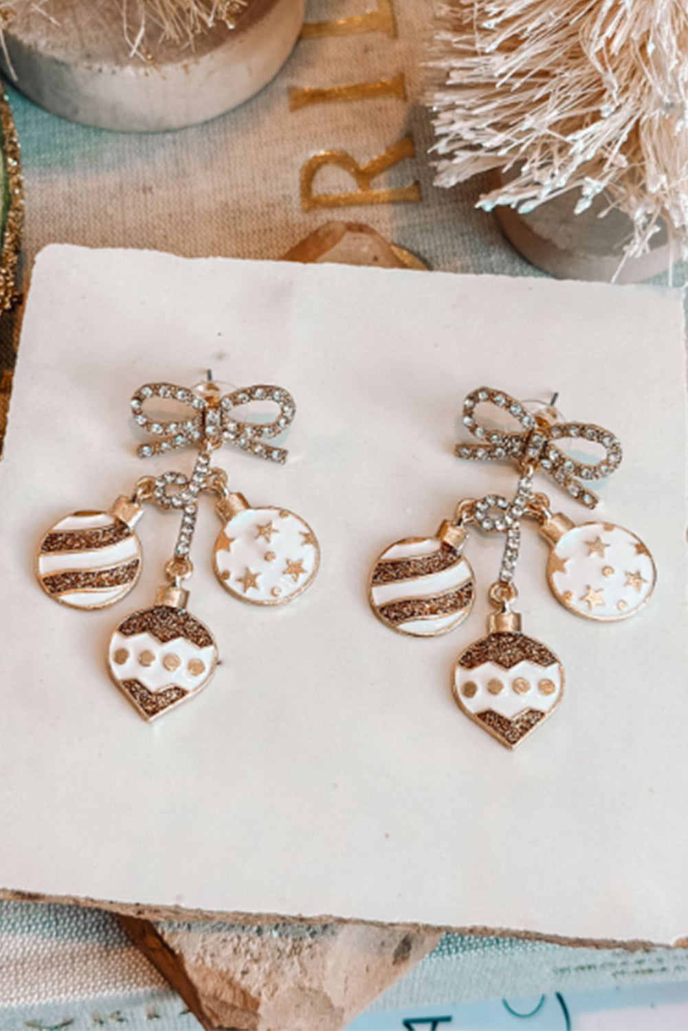 White Rhinestone Bow Circular Pendant Drop Earrings