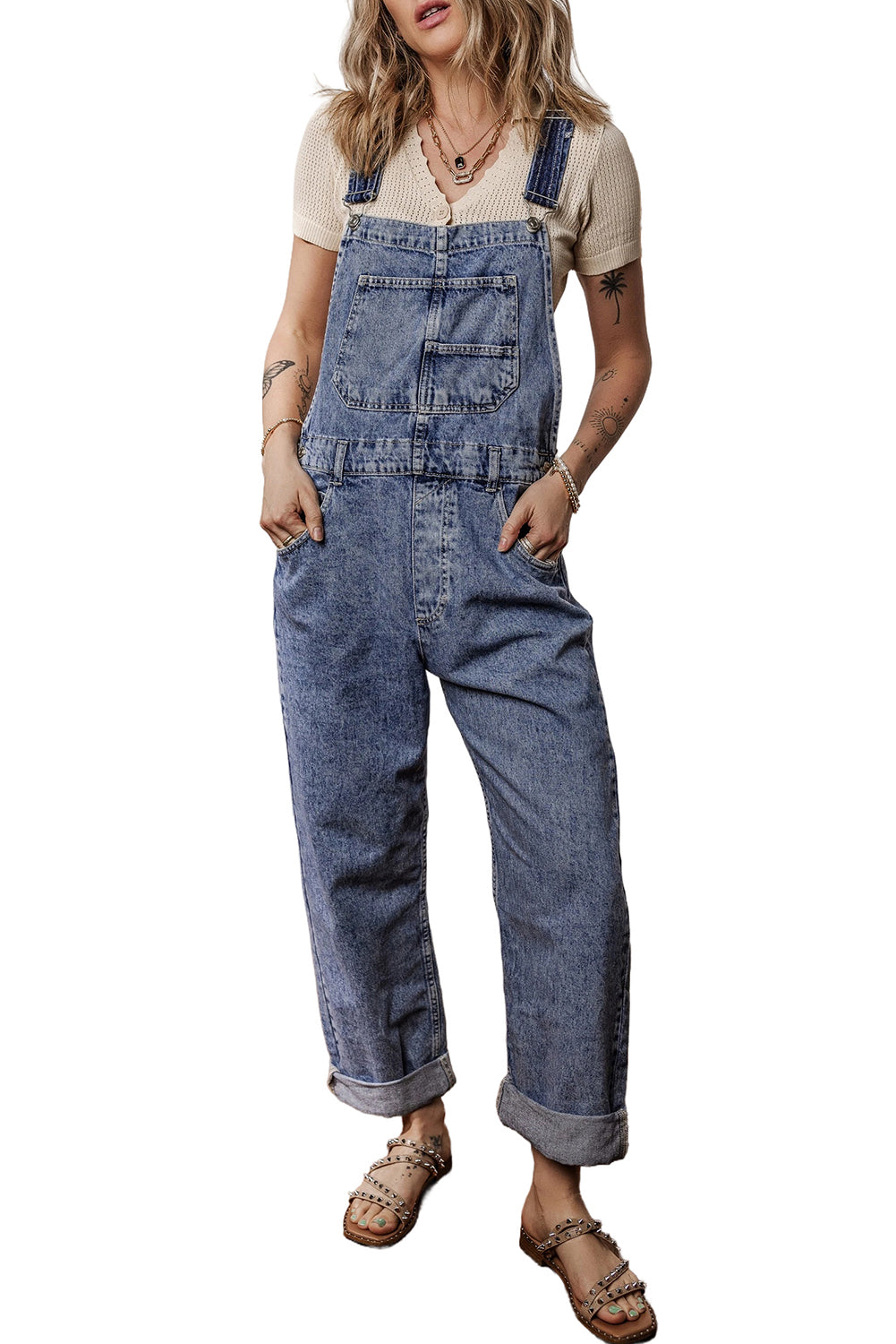 Sail Blue Denim Bib Straight Leg Jumpsuit with Pockets