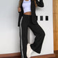 2 Piece Stripe Print Notched Collar Long Sleeve Coat Slit Straight Pants Work Pants Set