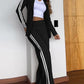 2 Piece Stripe Print Notched Collar Long Sleeve Coat Slit Straight Pants Work Pants Set