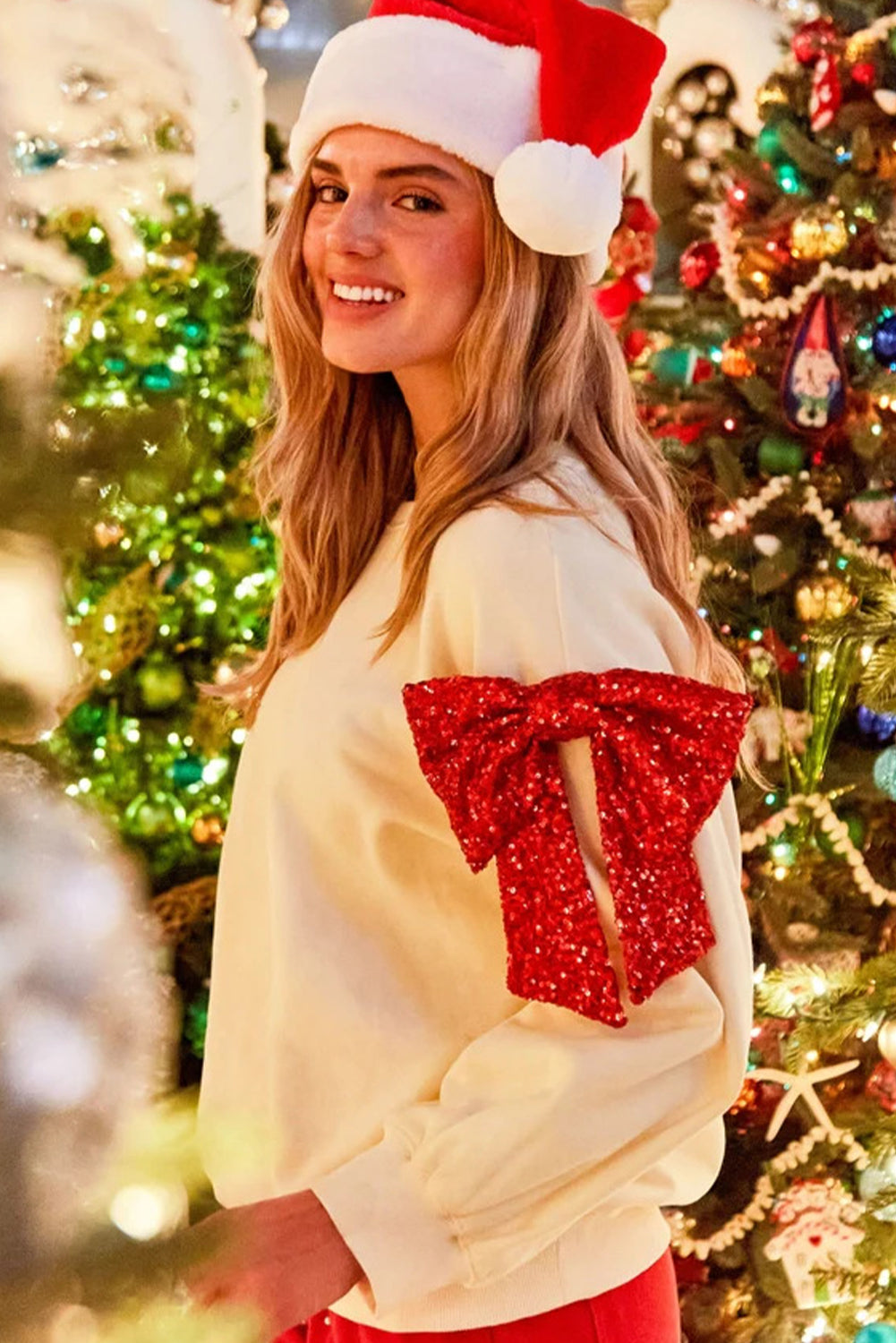 Beige Sequin Bow Decor Drop Shoulder Christmas Sweatshirt