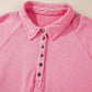 Pink Solid Snap Buttons Collared Balloon Sleeve Oversized Sweatshirt